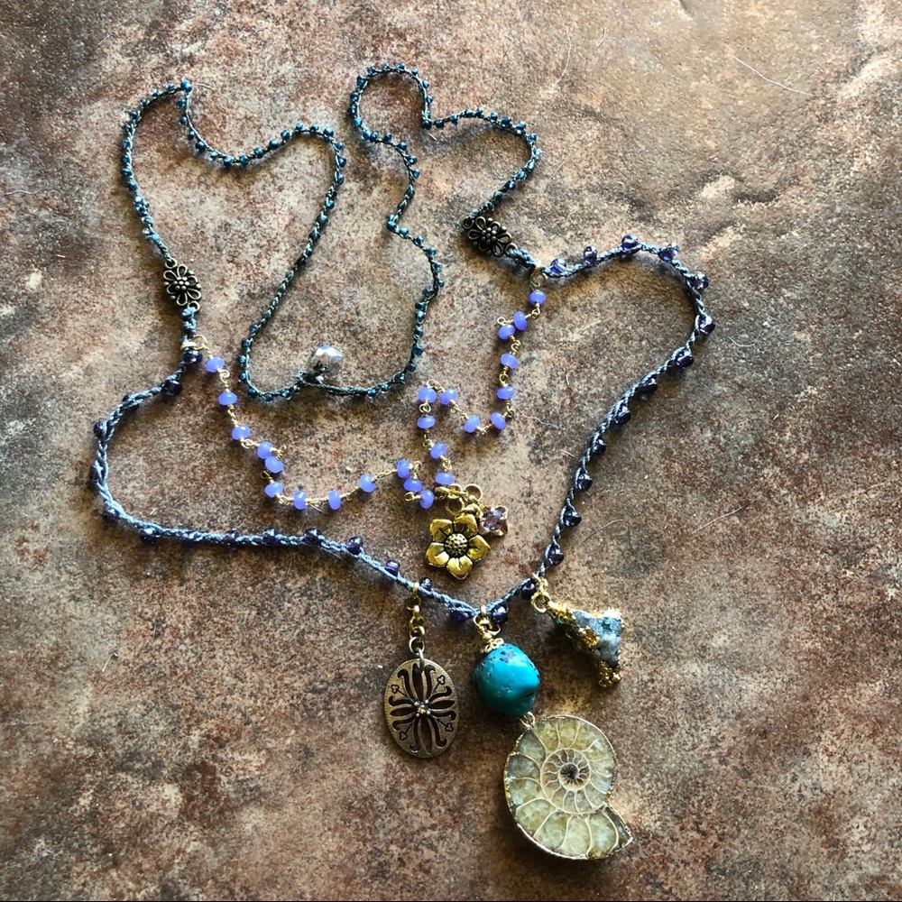 Boho Crochet Charm Necklace Ammonite Turquoise